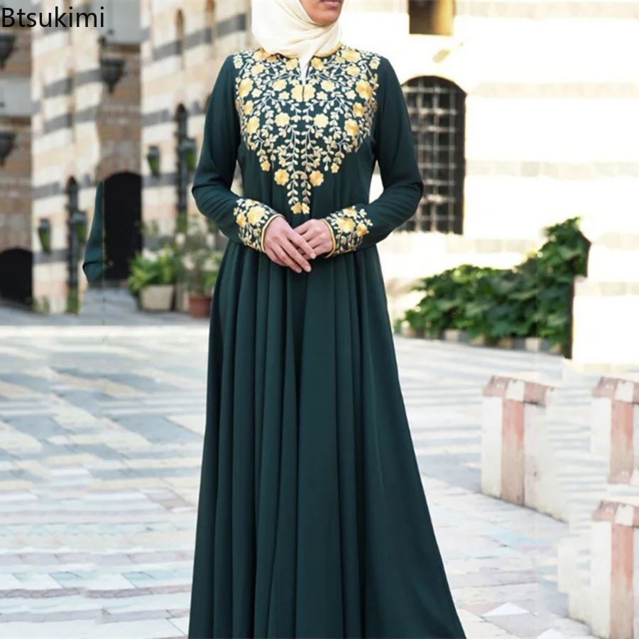 2023 Islamic Clothing Women Retro Ladies Elegant Long Sleeve V-neck Printed Chiffon Temperament Dress Women Autumn Muslim Dress