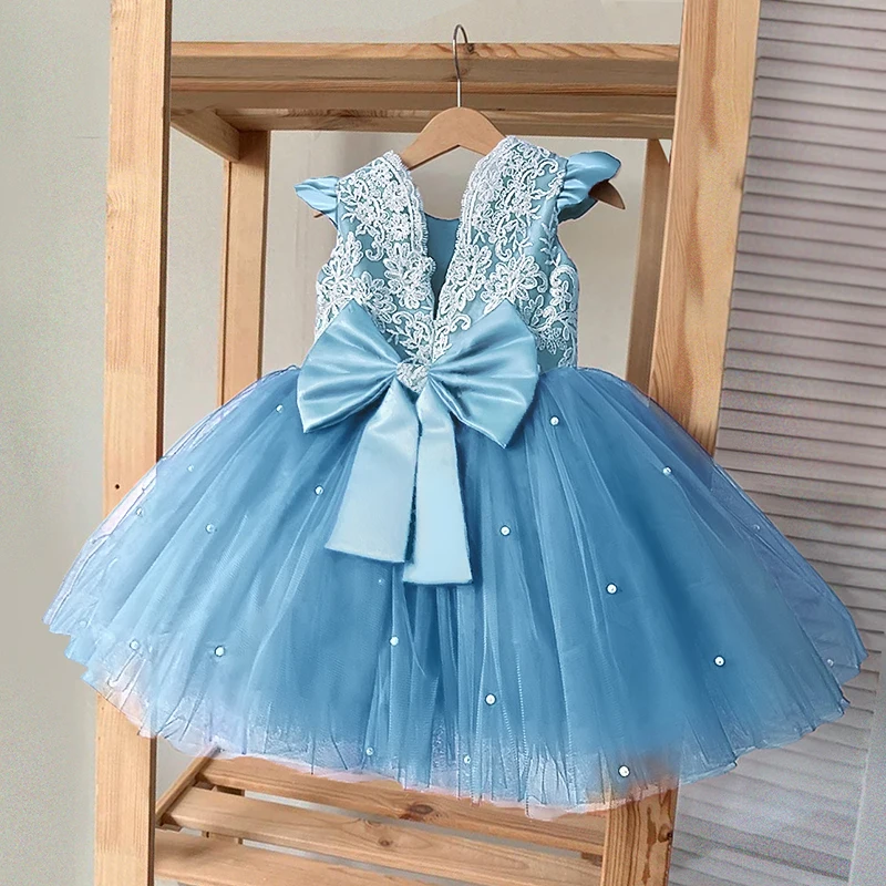 

Милое Платье-пачка для маленьких девочек, кружевное платье принцессы с цветочной вышивкой для 1-го дня рождения, для новорожденных, с синими бусинами, одежда из тюля для выпускного