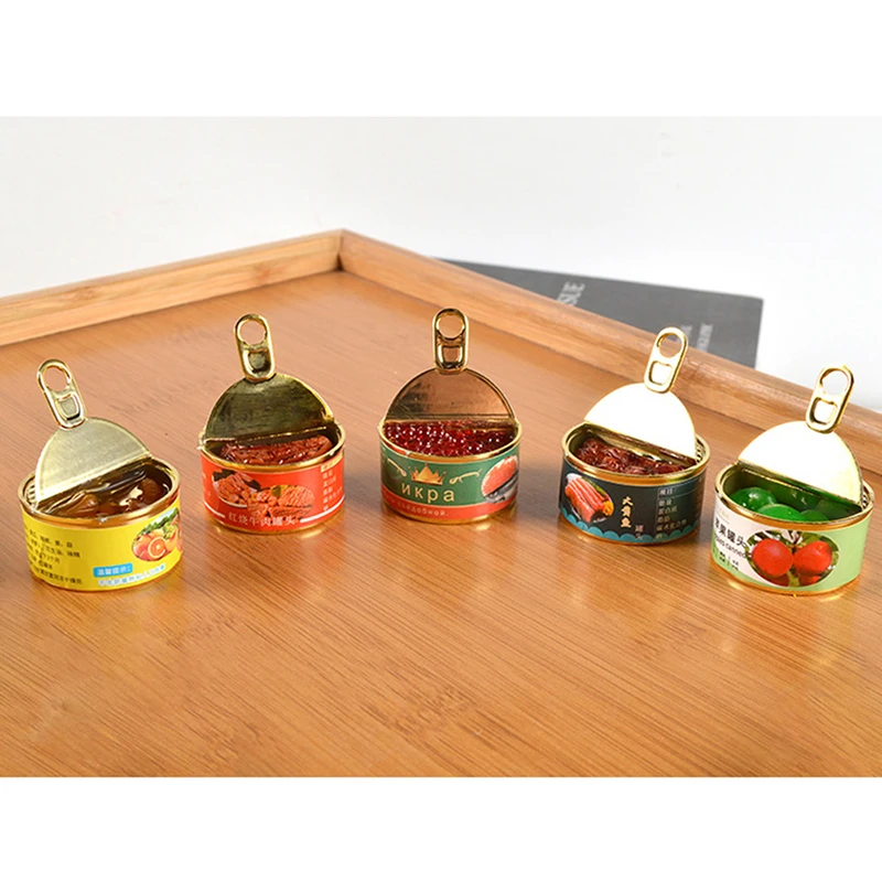 

1Set DollHouse Mini Simulation Caviar Canned Fruit Beef Fish Canned Food Model Kitchen Open-cap cans Doll House Miniature Decor