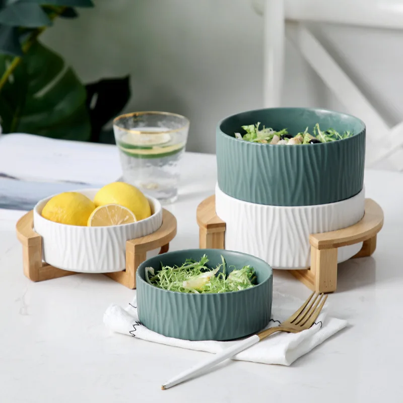 

Ceramic Salad Plates with Wooden Pad Deep Dishes Nordic Tableware Solid Soup Noodle Dessert Fruit Snacks Bowl Dinnerware