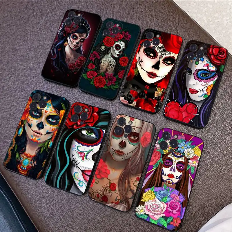 

Catrina Beautiful Rose Girl Skull Phone Case Silicone Soft For iphone 14 13 12 11 Pro Mini XS MAX 8 7 6 Plus X 2020 XR Shell