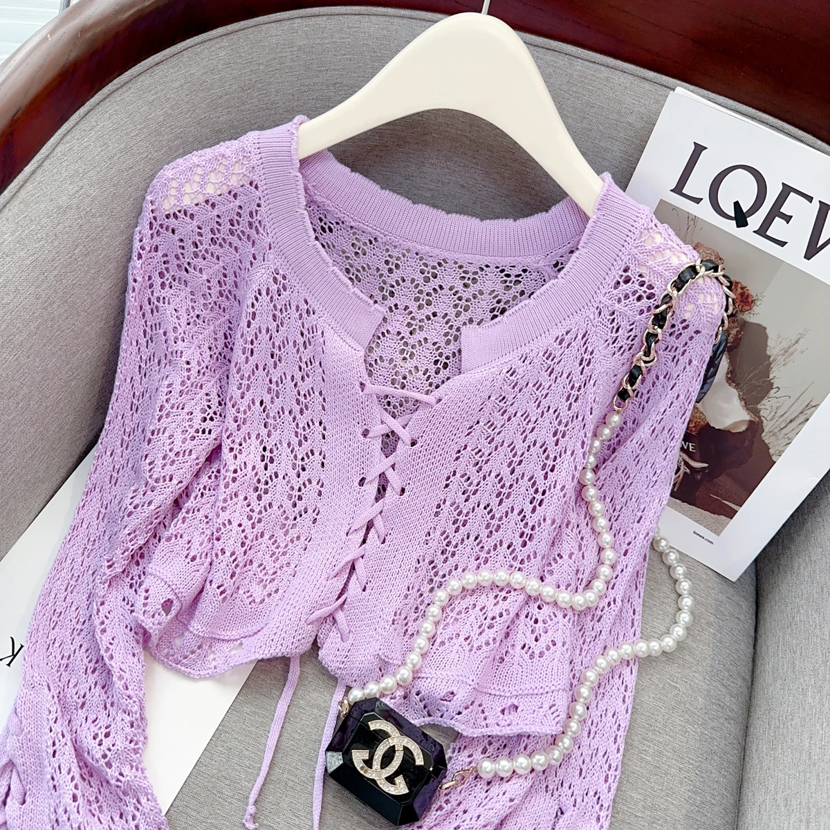 

Lace-up Knitted Sweater Women 2023 Summer Hollow Cropped Pullovers Purple T-Shirt Long Sleeve tops Thin Knitwear Female jumper