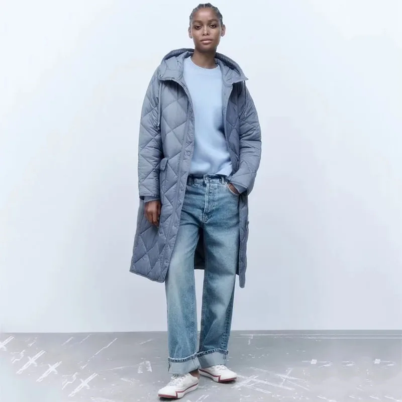 Woman Blue Hooded Parkas Coats Solid Casual Oversize Warm Big Pockets Mid-length Parkas Jackets Winter Thicken Outerwear Female