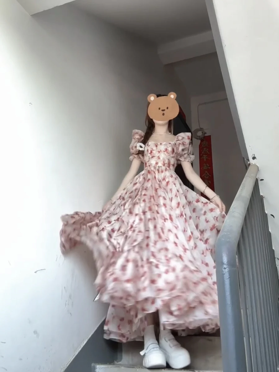 Женское Плиссированное длинное платье с цветочным принтом квадратным вырезом и