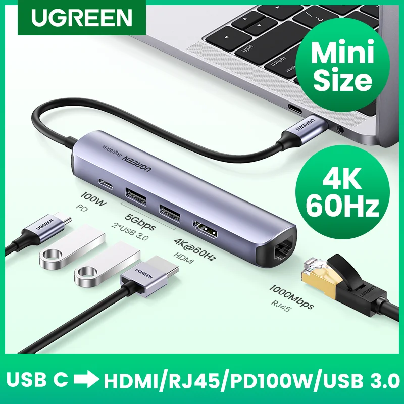UGREEN-Mini Hub USB tipo C 3,1 a 4K, HDMI, RJ45, PD, 3,0, OTG, adaptador, para MacBook Air Pro 2020, PC
