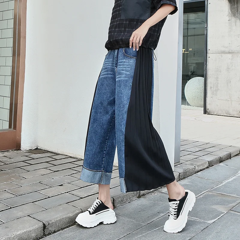 Korean Style New 2023 Women Fashion Denim Patchwork Pleated Straight Chiffon Wide Leg Pants Women Loose High Street