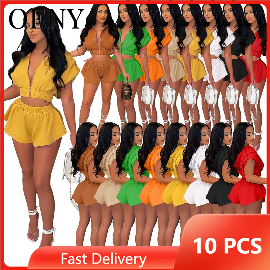

2022 Zipper Hooded Short Solid Color Tracksuits Women Summer Short Sleeve 2 Piece Set Outfits Wholesale Items Bulk Lots O8554-1