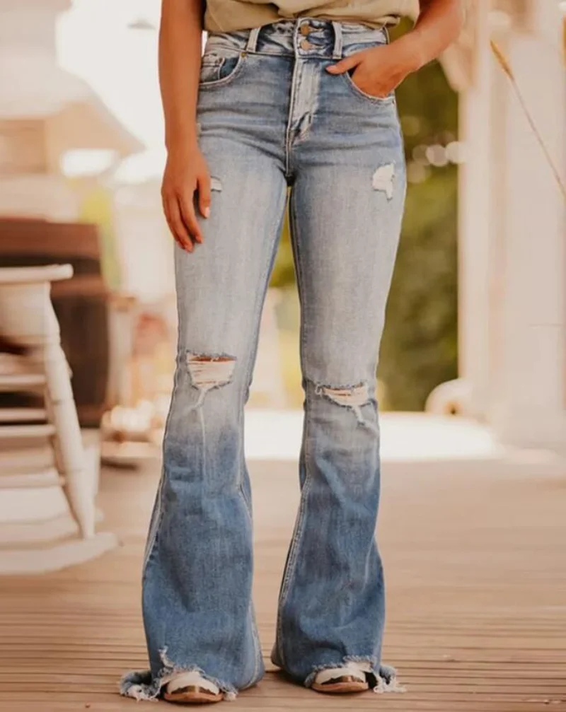 

Джинсы женские расклешенные на молнии с завышенной талией, рваные брюки из денима с необработанным краем, пикантная модная одежда на лето