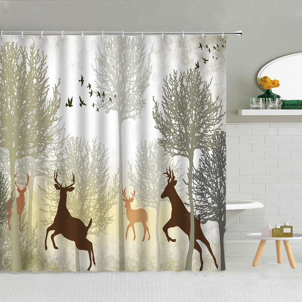 

Winter Forest Scenery Shower Curtain Elk Snow Bird Decor Bath Screen Nordic Waterproof Fabric Hooks Curtains Simplicity Bathroom