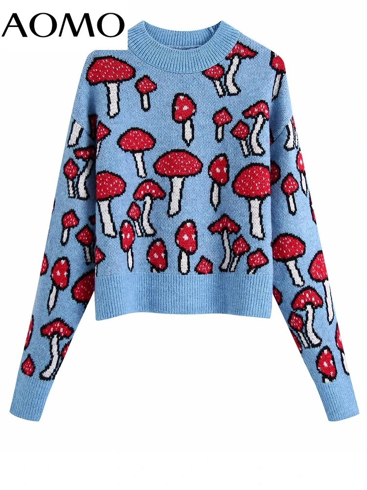 

AOMO Women 2022 Fashion Funny Crop Knitted Sweater Jumper O Neck Female Pullovers Chic Tops BE124A