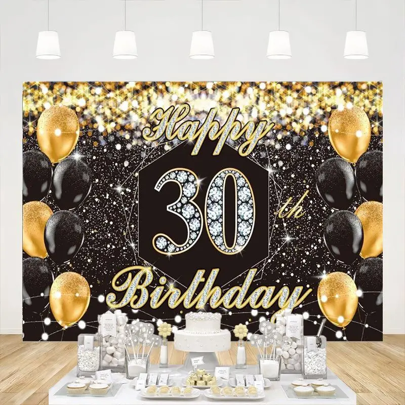 

Happy 30th Birthday Banner Backdrop Black Gold Photography Background Supplies Thirty Years Old Party Decorations Studio Props