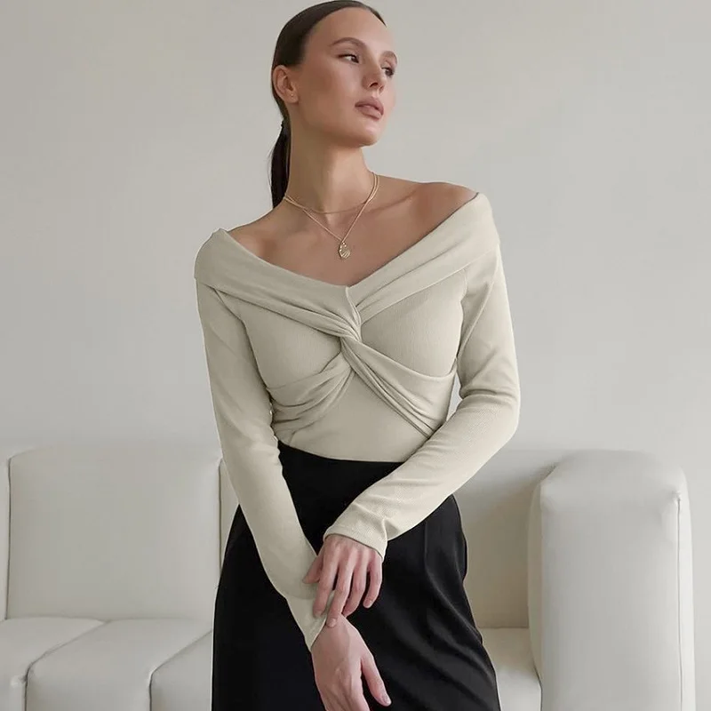 

Solid Crisscross Kink Slimming T Shirts For Women V Neck Long Sleeve Minimalist Pullover Female Fashion Clothes New Khaki Tops