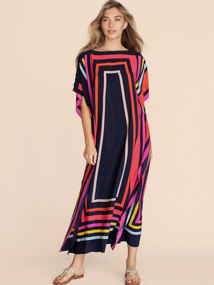 

Swimsuit Cover Up Geometric Printed Maxi Beach Dresses Kaftans for Women Summer Seaside Bathing Suits Beachwear