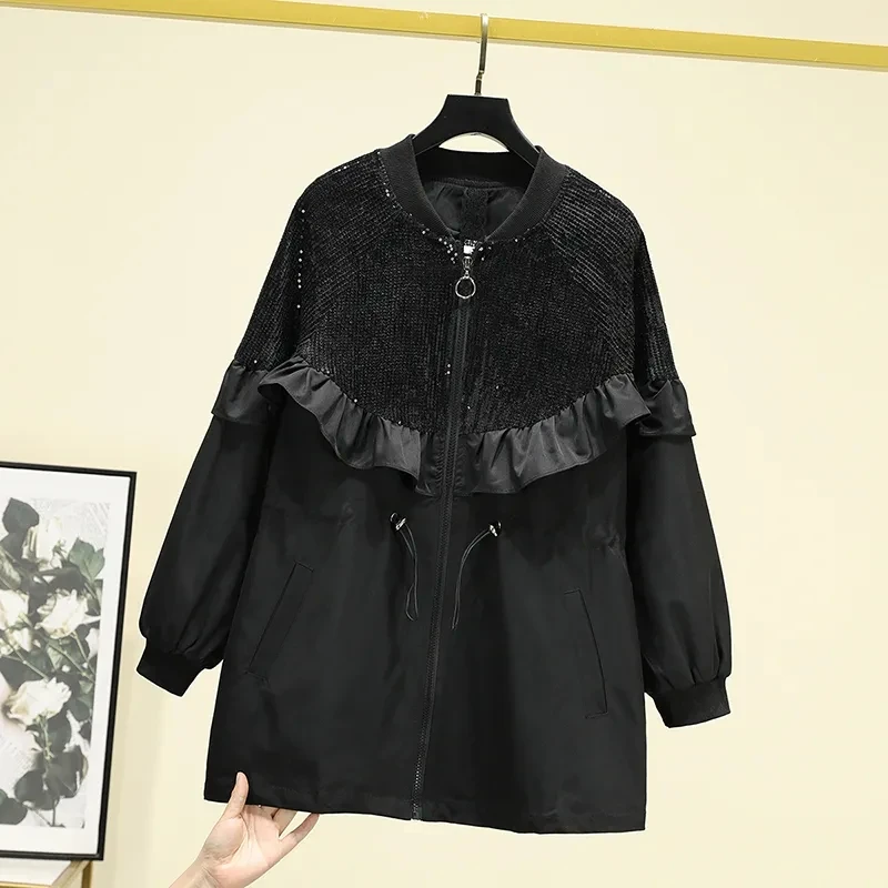 

2023 Spring Autumn New Trench Coats Women Clothes Preppy Casual Ruffle Edge drawstring Black Windbreaker Coat Harajuku Tops B437