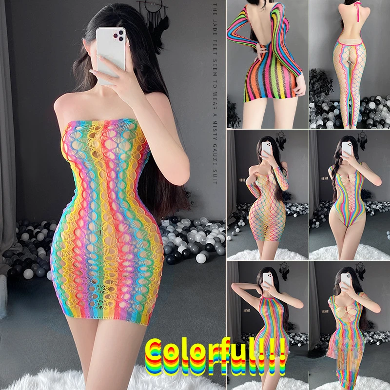 

Woman Colorful Sexy Hollow Out Bodysuit Fish Net Tight Fit Backless Lingerie See Through Mesh Stocking Costume Exotic Apparel