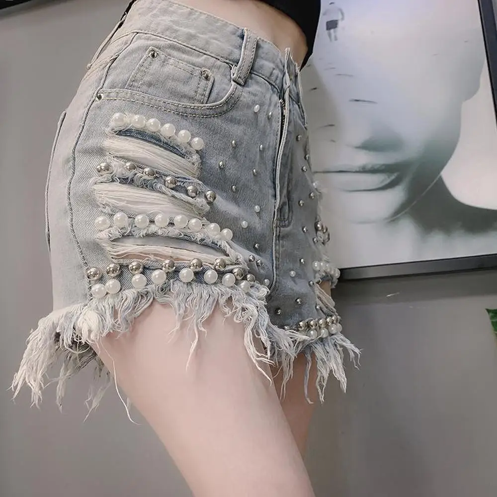 Shiny Women Beaded Denim Shorts High Waist Fashion Cowboy Shorts Street Punk Harajuku Female Rhinestone Tassel Jeans Shorts y2k