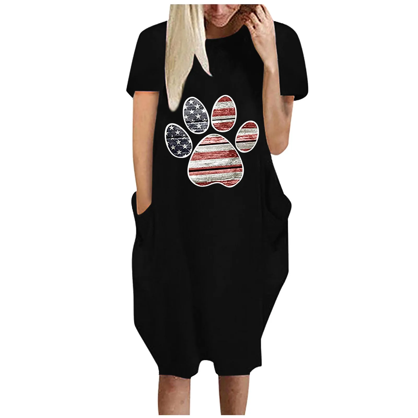 

Женское летнее Платье с круглым вырезом, коротким рукавом и карманами