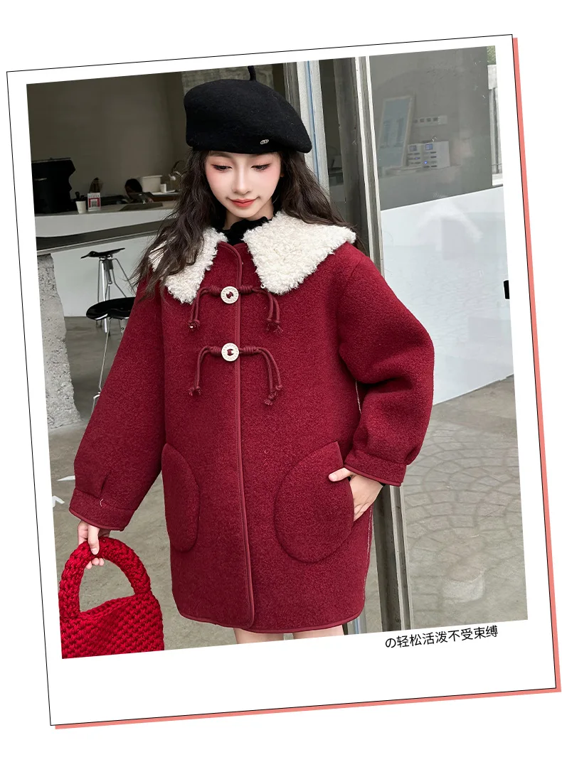 Красное пальто для девочек на осень и зиму плюс флисовое утепленное шерстяное 2024