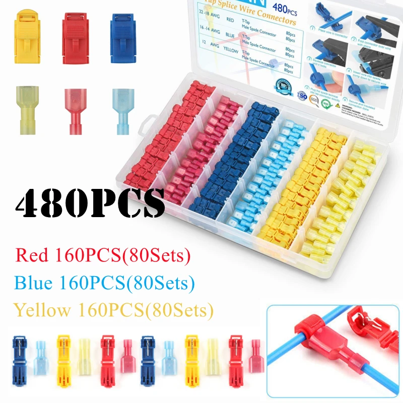 

480Pcs T-Tap Wire Cable Connectors Self-Stripping Quick Splice Insulated Male Quick Disconnect Spade Terminal