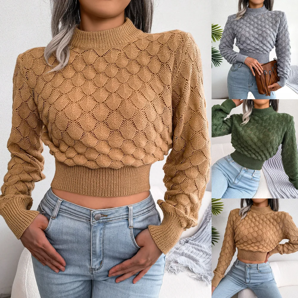 

2022 Autumn Winter Three-dimensional Diamond Hollow Long-sleeved Women's Sweater Cropped Knitted Sweater Women