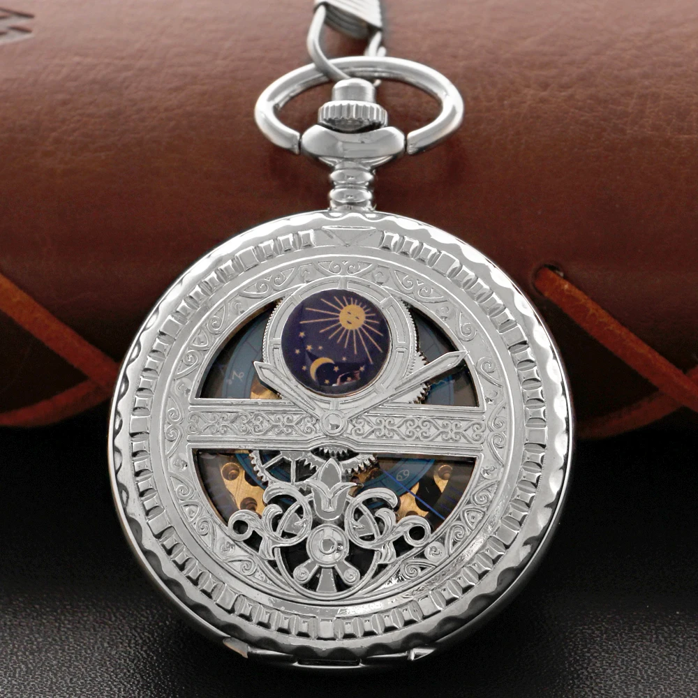 Single-Opening Moon Phase Hollow Skeleton Mechanical Pocket Watch Men's Fob Chain Fake Flywheel Steel Sculpture Women's Gift