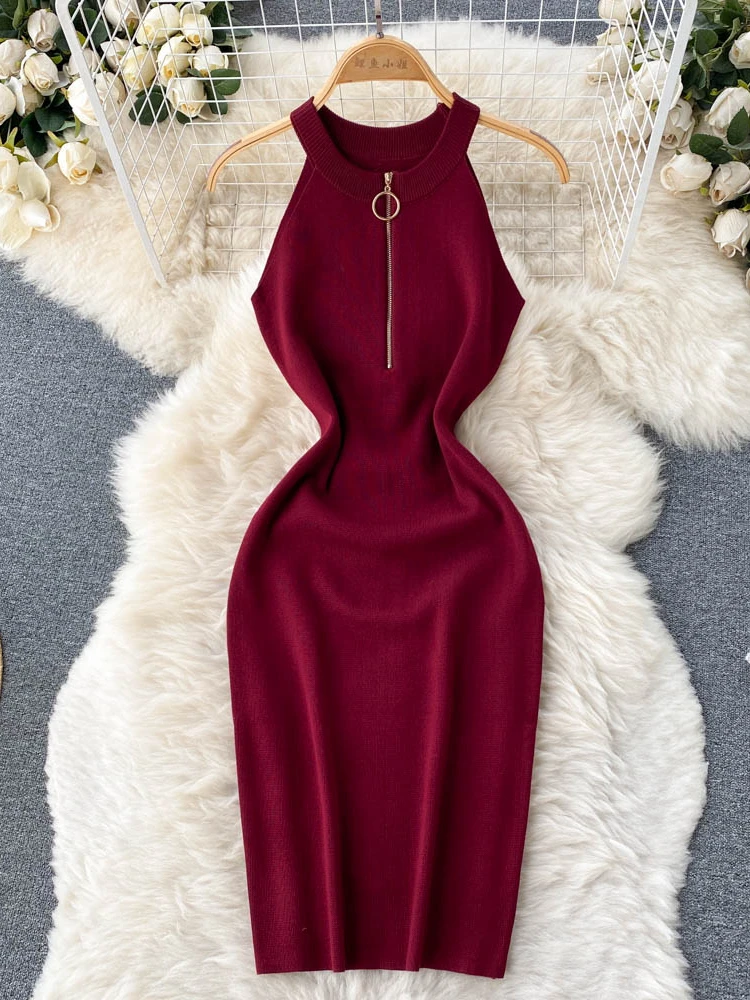 

Hikigawa Chic Fashion Zipper Dresses For Women Halter Neck Sleeveless Elastic Slim Waist Woman Dress Vintage Vestidos Mujer