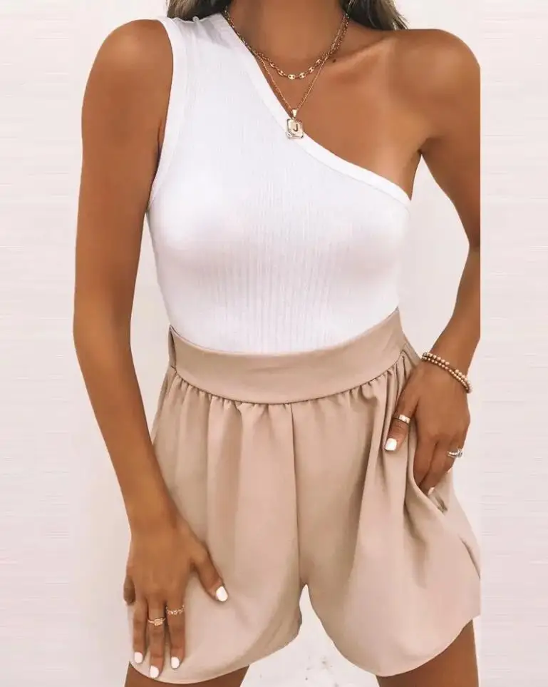 

Женский летний комплект из двух предметов, повседневный модный топ на одно плечо без рукавов и шорты с высокой талией и карманами, 2022