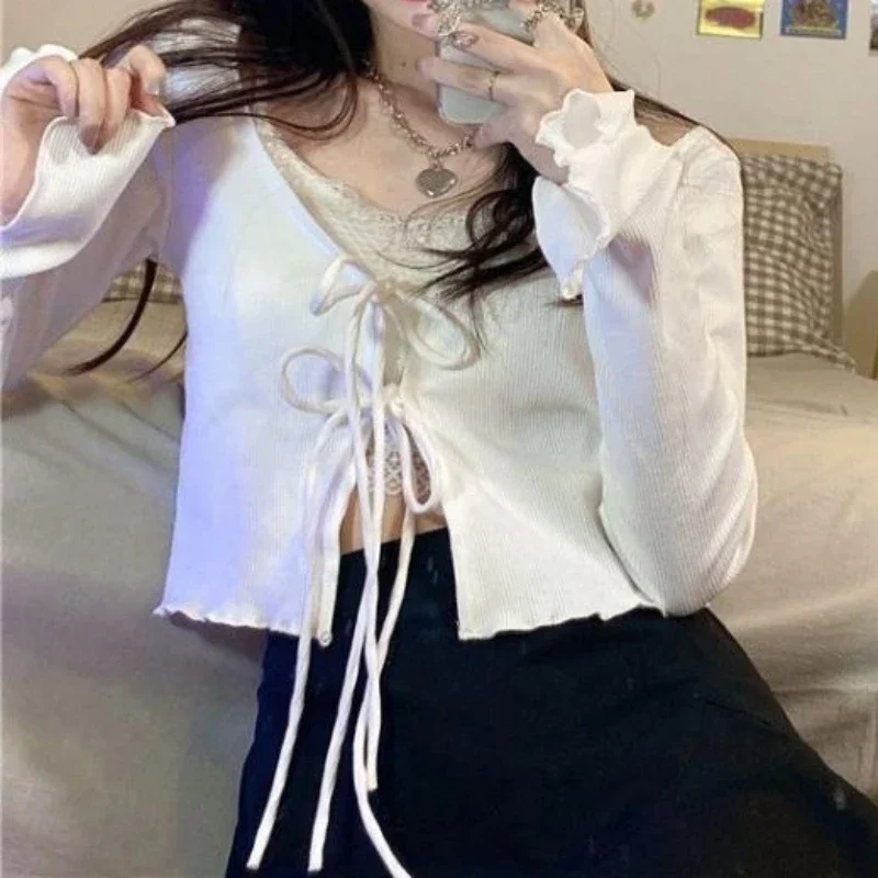 

Women Cardigans Solid Hot Slim Bandage Design Crop Tops Stylish Streetwear Teenagers All-match Sweet Lovely Knitted Basic