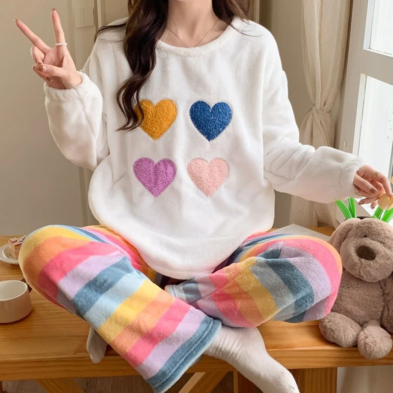 2024 зимние толстые теплые фланелевые пижамные комплекты с длинными рукавами для