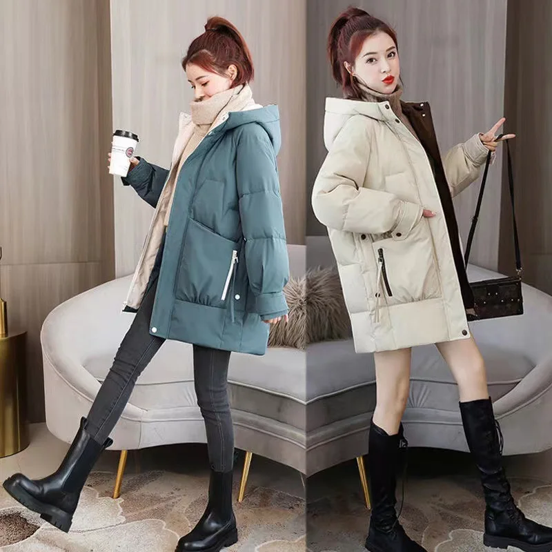 Women Down Cotton Padded Zip Pocket Jacket Coat 2022 Autumn Winter Korean Loose Long Sleeve Thickened Jackets Casual Overcoat