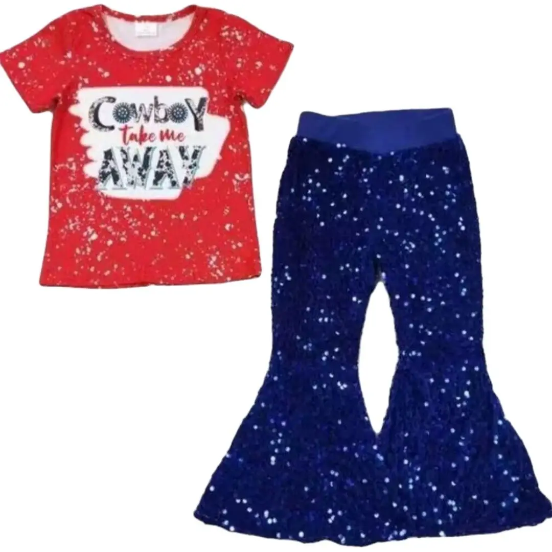 

Cowboy Letter Print Red Short-sleeved Top Navy Sequined Flared Pants Set Boutique Children's Clothing Wholesale