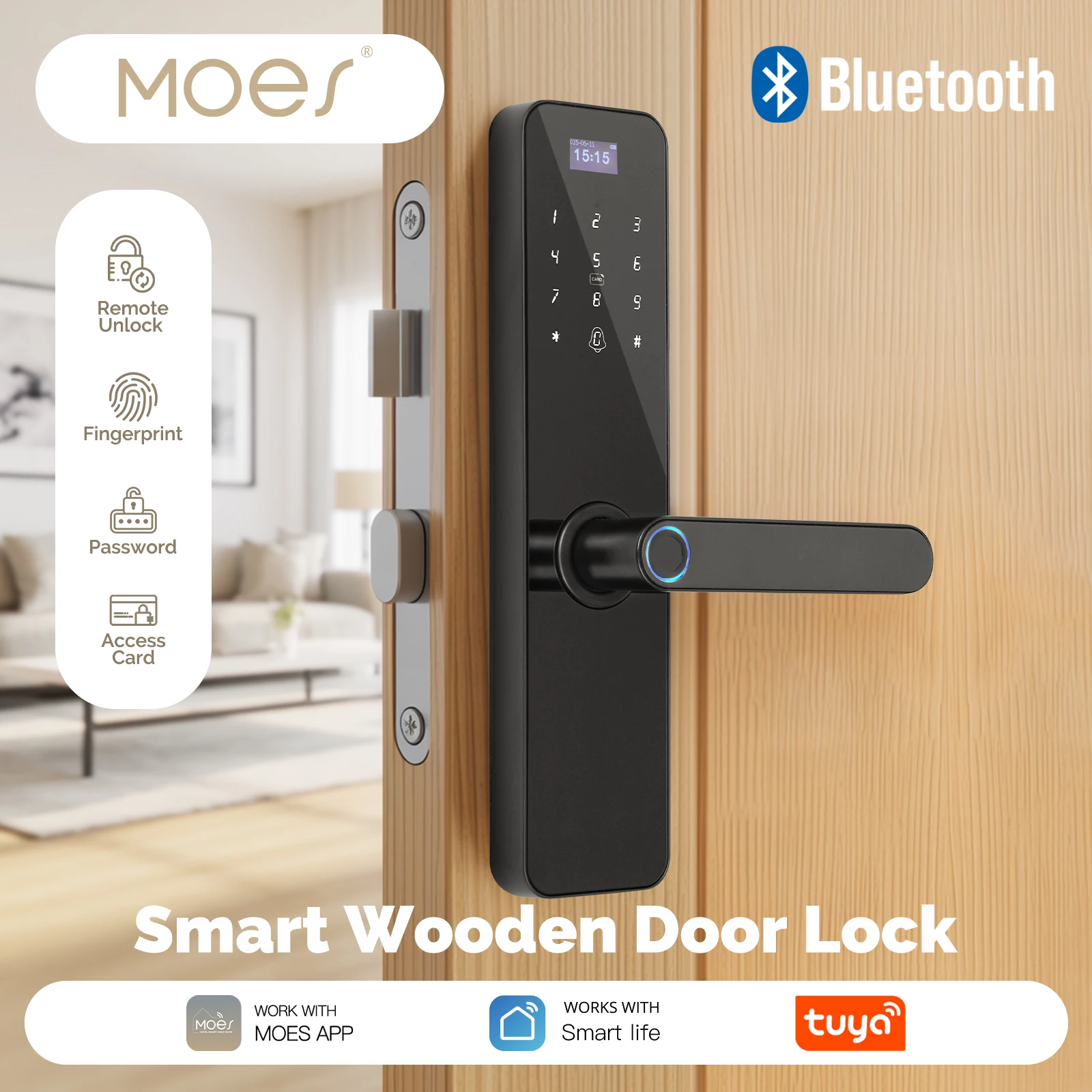 Фото MOES Bluetooth умный деревянный дверной замок, внутренний пароль, отпечаток пальца, дистанционная разблокировка, ключ-карта с экраном, сигнализация тампера, питание от батареи №1