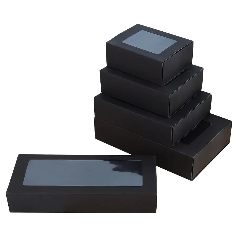 

12pcs/lot Black Cardboard Boxes Drawer Slide Packaging Box With PVC Clear Window DIY Gift Box