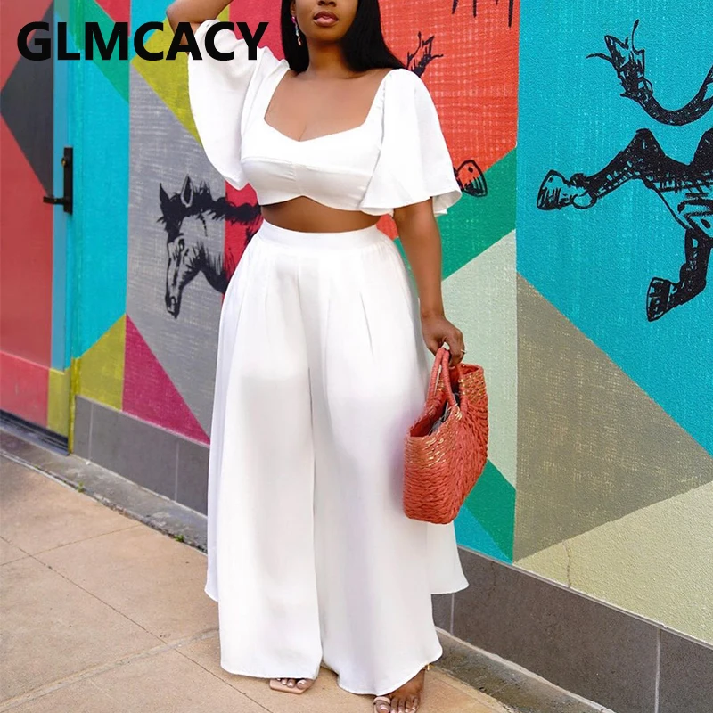 

Two Piece Casual Summer Suits Square Neck Crop Top & Loose Wide Leg Pants Set