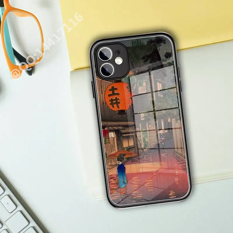 Японский стиль искусства Японии Чехол для телефона из закаленного стекла для iPhone 13 11 Pro XR XS MAX 8 X 7 Plus 12 Mini телефон Полное покрытие.
