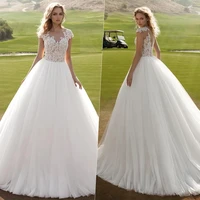 elegant 2022 a line o neck wedding dress sexy short sleeve lace appliques bridal gown illusion backless button train