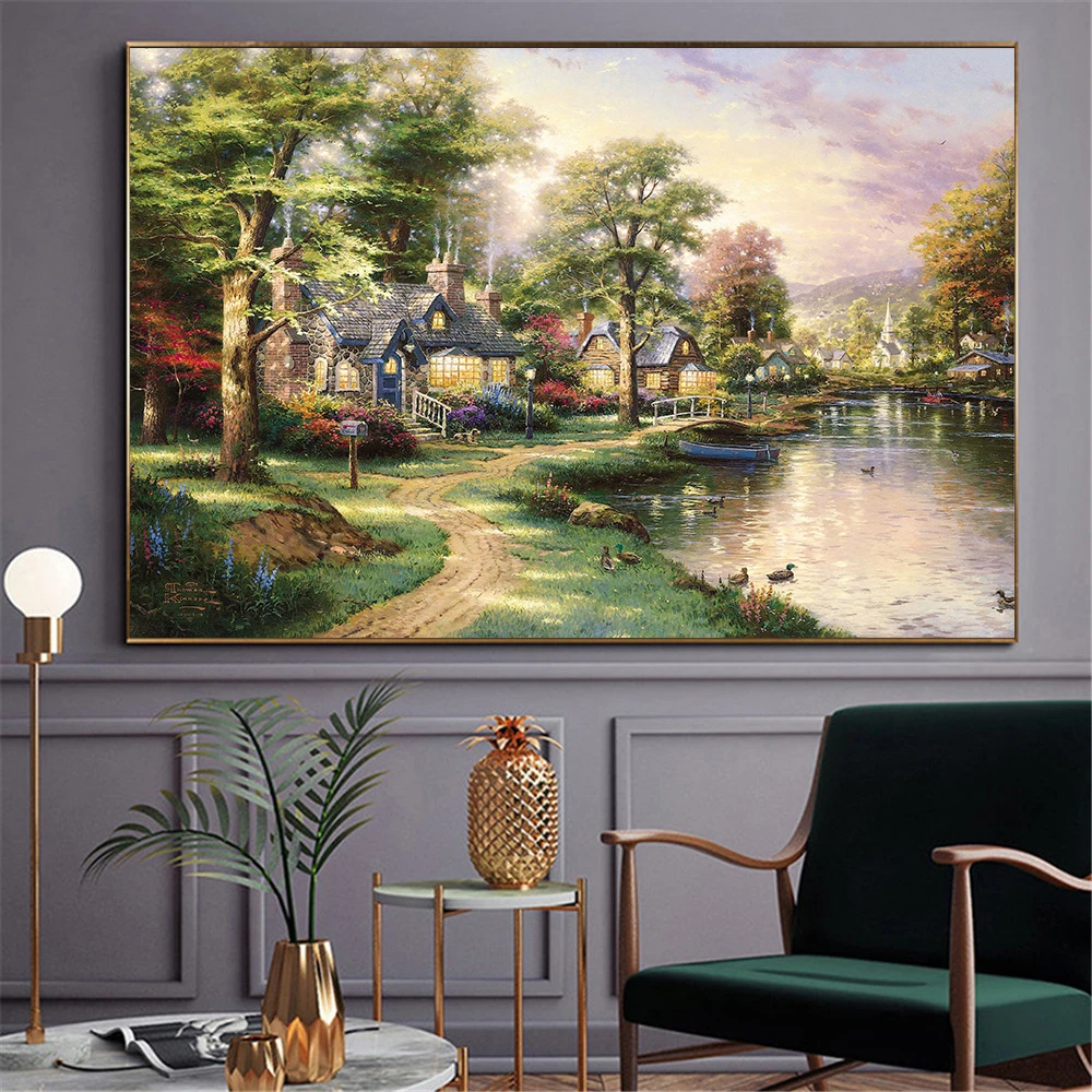 

New Abstract Oil Painting Canvas Prints Mountain Landscape Posters and Prints Wall Decor Lamplight Nature House Cottage