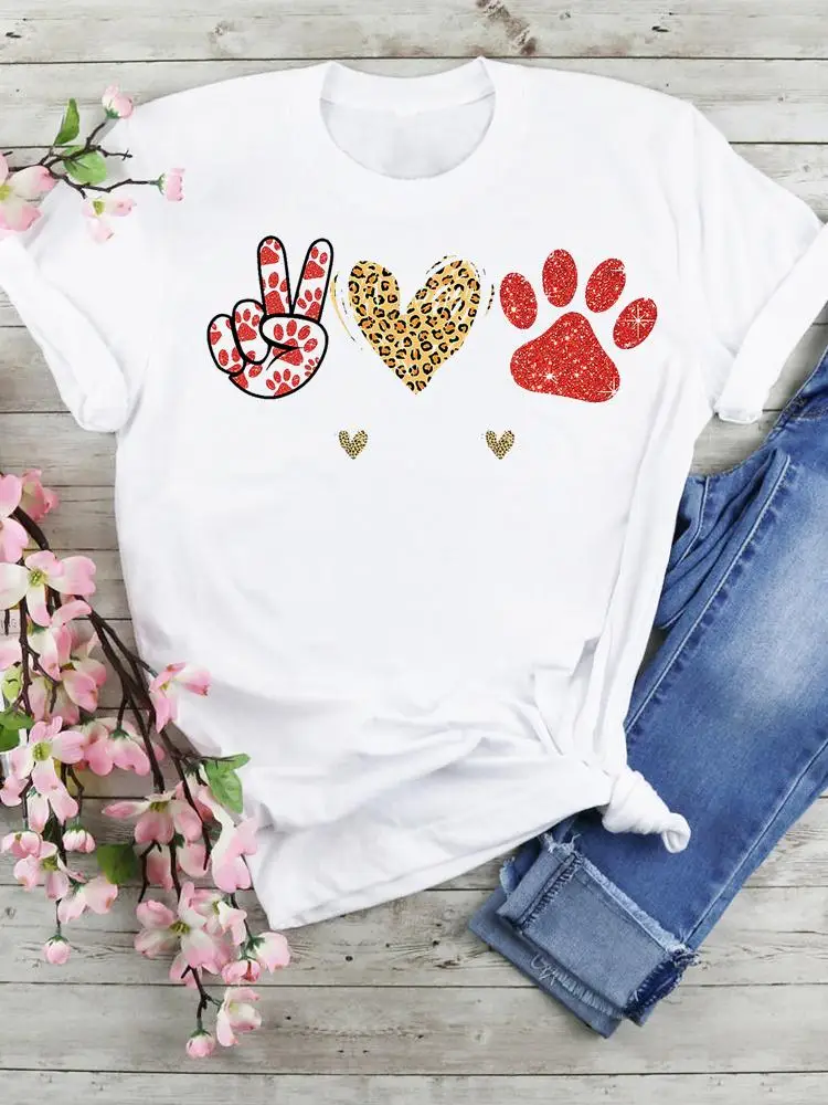 

Женская футболка с коротким рукавом, леопардовая футболка в стиле 90-х с принтом сердечек и лап