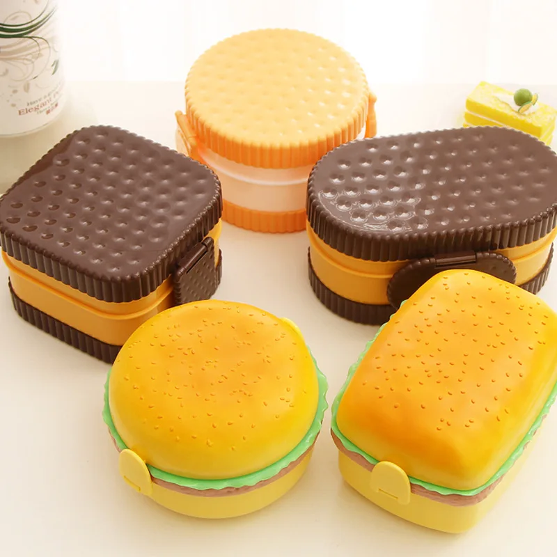 

New Hamburger Double Tier Cute Lunchbox Children School Fork Tableware Set Food Meal Prep Containers Lunch Boxes