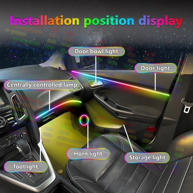 Для Ford Focus третьего поколения, крутой вид, светодиодная внутренняя лампа окружающего освещения, 64 цвета, акриловая полоса, приложение, регулируемая для различных