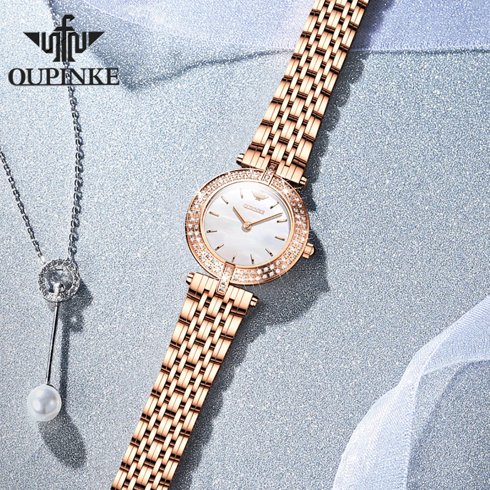 OUPINKE Swiss Quartz Watch for Women Luxury Diamond Sapphire Mirror Watperoof Watches Original Ladies Dress Wristwatch Gift Set