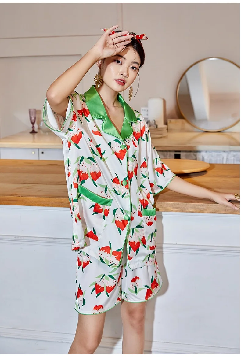Summer Strawberry Manor High Sense Ice Silk Short Sleeve Ladies Pajamas пижама женская pajama set  سكسي نيك