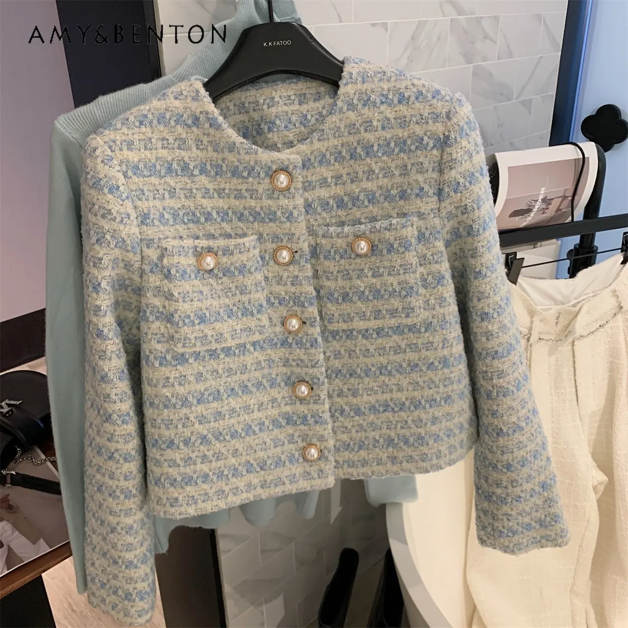 Blue Braided Tweed Cotton Padded Thickened Short Coat for Women Winter New Pocket Coat Ladies Round Neck Jackets for Ladies