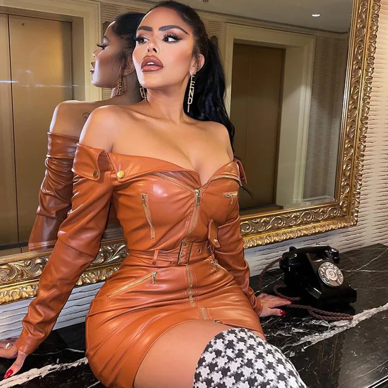 

Sexy PU Faux Leather Dress with Belt Women Elegant Long Flare Sleeve Zipper Bodycon Night Short Party Mini Club Dresses Vestidos