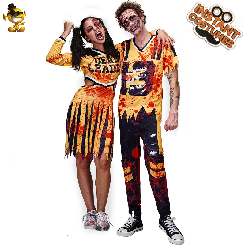 

Костюм для чарлидинга для влюбленных пар, нарядное платье на Хэллоуин для взрослых с кровавым зомби, женская и Мужская одежда для Пурим Вече...