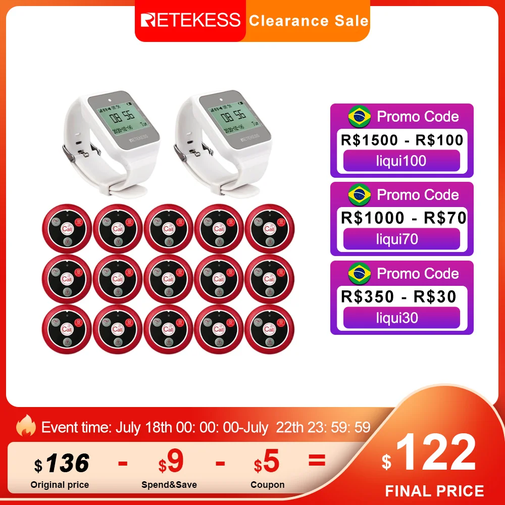 RETEKESS Wireless Restaurant Pager Waiter Calling System 2 TD108 Watch Receiver + 15 T117 Button For Hookah Customer Service