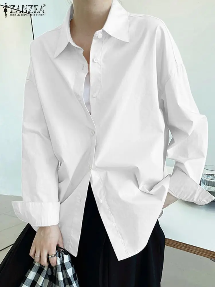

Осень 2023, элегантная однотонная блузка ZANZEA, модная женская рубашка с отложным воротником и длинным рукавом, Стильные Свободные повседневные топы, женские блузы