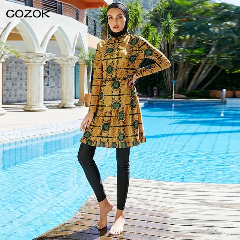 

Islamic Women's Swimming Suit 3pcs Yellow Printed Burkini Muslim Swimwear With Hijab Bathing Suits Women Long Sleeve Hood