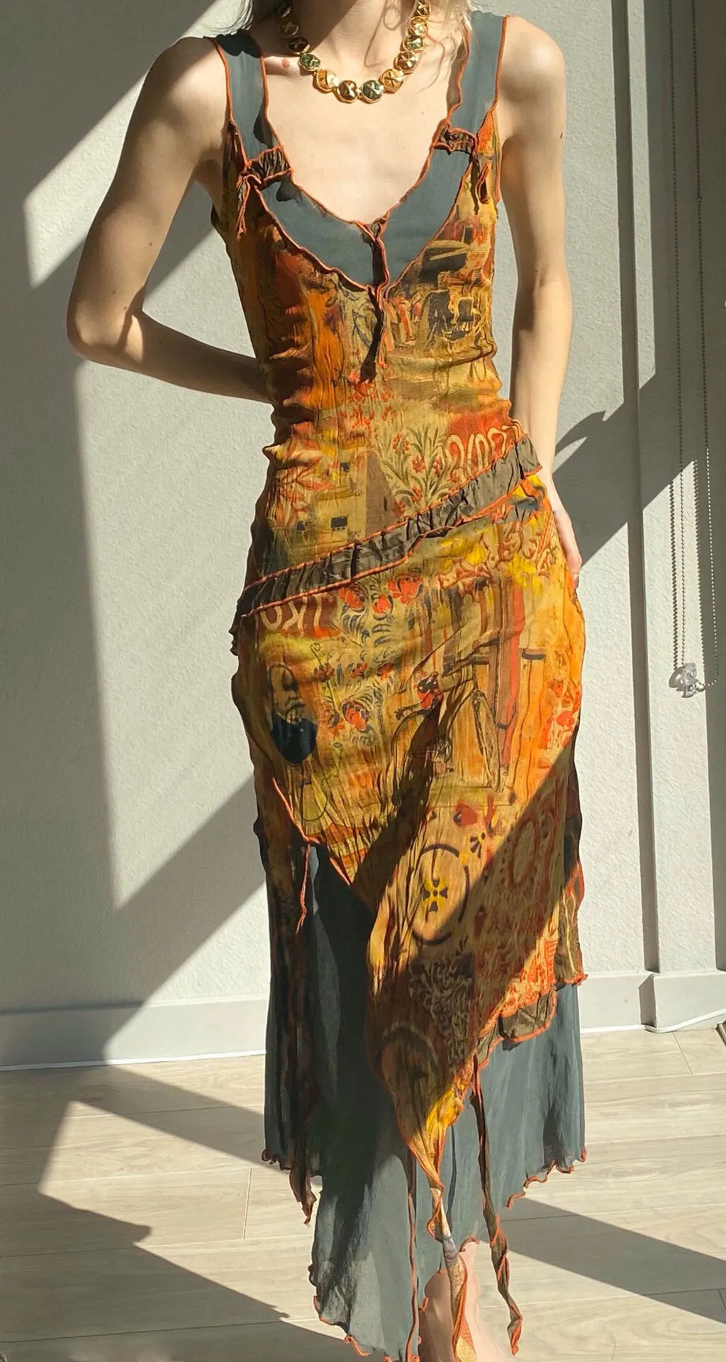 

French Oil Painting Vintage Print Vintage Irregular V-neck Sleeveless Slim Mesh Dress 2022 Summer