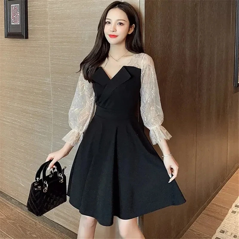 

Black Dress Women's Spring Summer Splicing Seven-point Sleeve V-neck Chiffon Knee-length Skirt Fashion Female Clothing A109